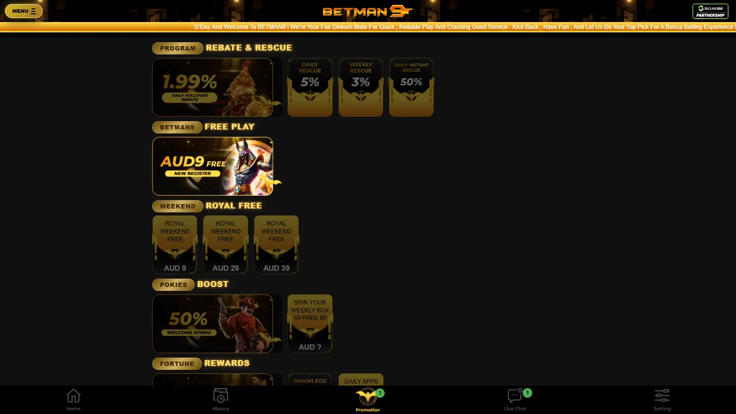 Betman9 desktop promotions area with Royal Elite and promotional offers