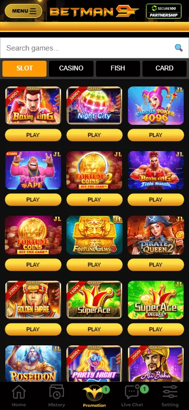 Betman9 mobile games area with pokies and live casino options