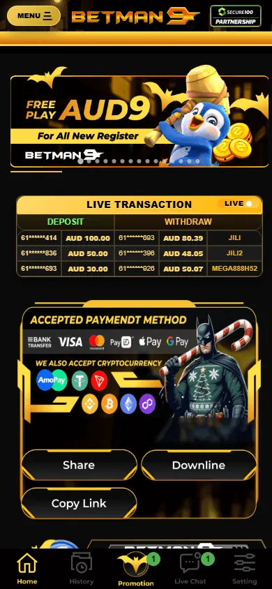 Betman9 home screen on a mobile device with AUD casino offers