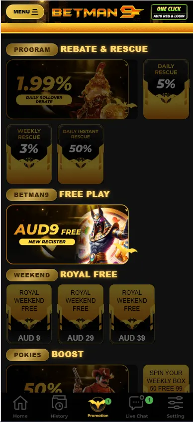 Betman9 mobile promotions area with Royal Club and promotional features